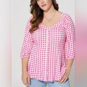 Torrid Pink White Gingham Fit & Flare Slub Top Shirt Size 2